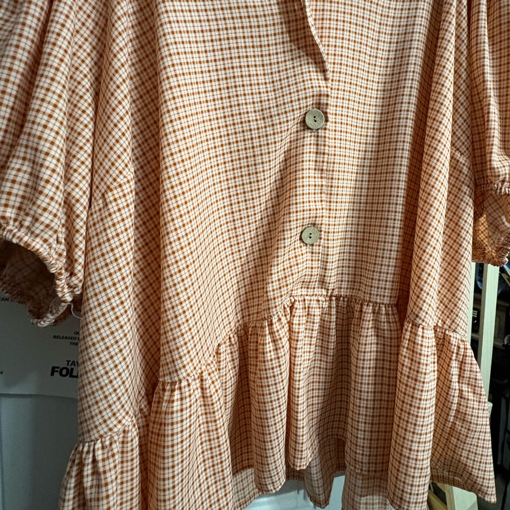 LC Lauren Conrad Peach Plaid Button-Front Peplum Tunic